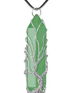 Healing Crystal Necklace Tree of Life Wire Wrapped Natural Stone Point Pendant NecklaceAventurine-Silver-Leather Chain