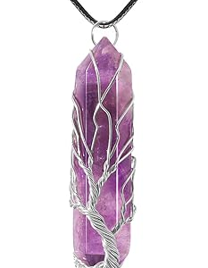 Amethyst-Silver-Leather Chain Healing Crystal Necklace Tree of Life Wire Wrapped Natural Stone Point Pendant Necklace