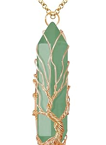 Aventurine Healing Crystal Necklace Tree of Life Wire Wrapped Natural Stone Point Pendant Necklace