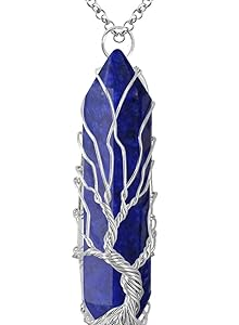 Lapis Lazuli-Silver Healing Crystal Necklace Tree of Life Wire Wrapped Natural Stone Point Pendant Necklace