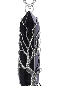 Black Agate-Silver Healing Crystal Necklace Tree of Life Wire Wrapped Natural Stone Point Pendant Necklace