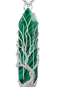 Malachite-Silver Healing Crystal Necklace Tree of Life Wire Wrapped Natural Stone Point Pendant Necklace
