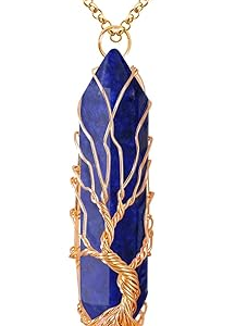Lapis Lazuli Healing Crystal Necklace Tree of Life Wire Wrapped Natural Stone Point Pendant Necklace
