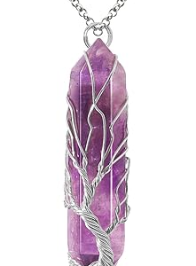 Amethyst-Silver Healing Crystal Necklace Tree of Life Wire Wrapped Natural Stone Point Pendant Necklace