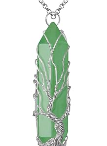Aventurine-Silver Healing Crystal Necklace Tree of Life Wire Wrapped Natural Stone Point Pendant Necklace
