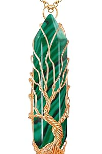 Healing Crystal Necklace Tree of Life Wire Wrapped Natural Stone Point Pendant NecklaceMalachite