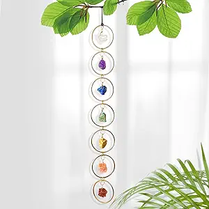 7 Chakras Wall Decor Natural Raw Crystal Stone Healing Gemstone Round Gold Hanging for Indoor & Outdoor Windows
