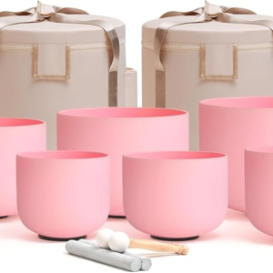 432HZ 6-12 Inch Pink Color Frosted Quartz Crystal Singing Bowls Chakra Set of 7 with Carry Case Bags for Sound Healing and Meditation