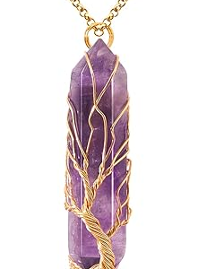 Amethyst Healing Crystal Necklace Tree of Life Wire Wrapped Natural Stone Point Pendant Necklace