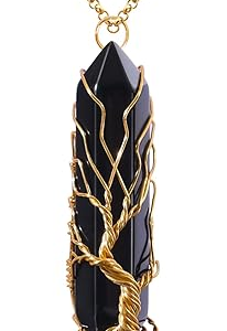 Black Agate Healing Crystal Necklace Tree of Life Wire Wrapped Natural Stone Point Pendant Necklace