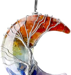 Healing Crystal Necklace, Tree Life Wire Wrapped Crescent Moon Necklace