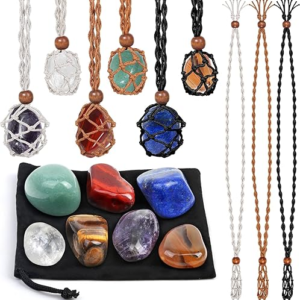 Evatage Crystals Necklace Holders and Healing Stones Set, 6Pcs Adjustable Crystal Cage with 7 Chakra Crystals and Healing Stones