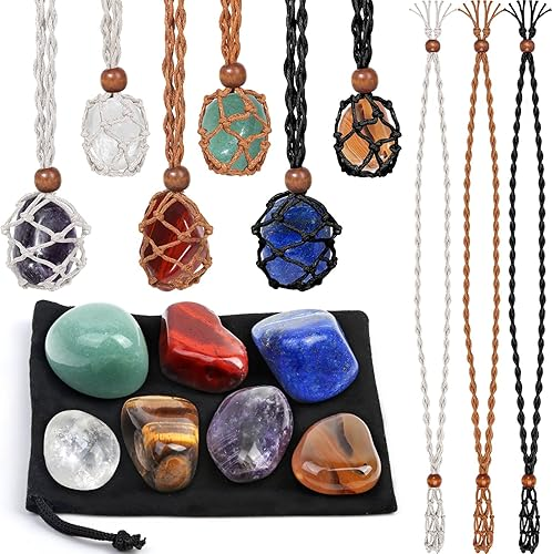 Evatage Crystals Necklace Holders and Healing Stones Set, 6Pcs Adjustable Crystal Cage with 7 Chakra Crystals and Healing Stones
