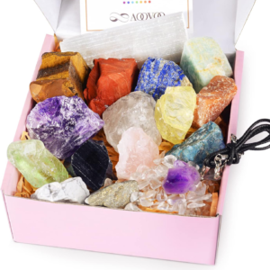 17Pcs Crystals and Healing Stones, 14Pcs Real Raw Chakra Stones Set, Selenite Charging Plate, Amethyst Necklace, Rose Quartz,