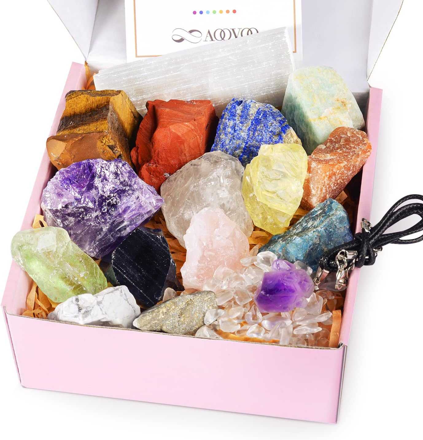 17Pcs Crystals and Healing Stones, 14Pcs Real Raw Chakra Stones Set, Selenite Charging Plate, Amethyst Necklace, Rose Quartz,