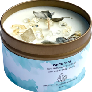 White Sage Smudge Candle with Citrine and Quartz Gemstone Crystals