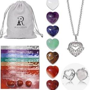 Raicegs Heart Shaped Crystals and Healing Stones 7 Chakra Crystal Necklace