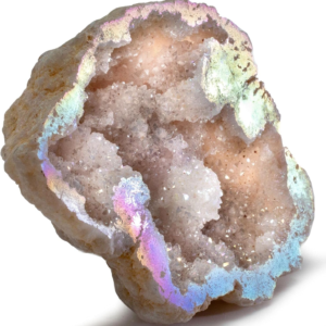 KALIFANO Angel Aura Quartz Geode - Titanium Bonded High Energy Crystal Cuarzo Cluster/Druzy with Information Card - Natural Reiki Rock Used for Clarity and Purpose
