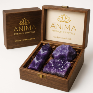 Anima Premium Amethyst Crystal Set – Amethyst Crystal Tower, Cluster and Raw Crystal - Large Crystals and Healing Stones in Wooden Box - Ideal Spiritual Gifts for Women for Meditation, Peace and Sleep