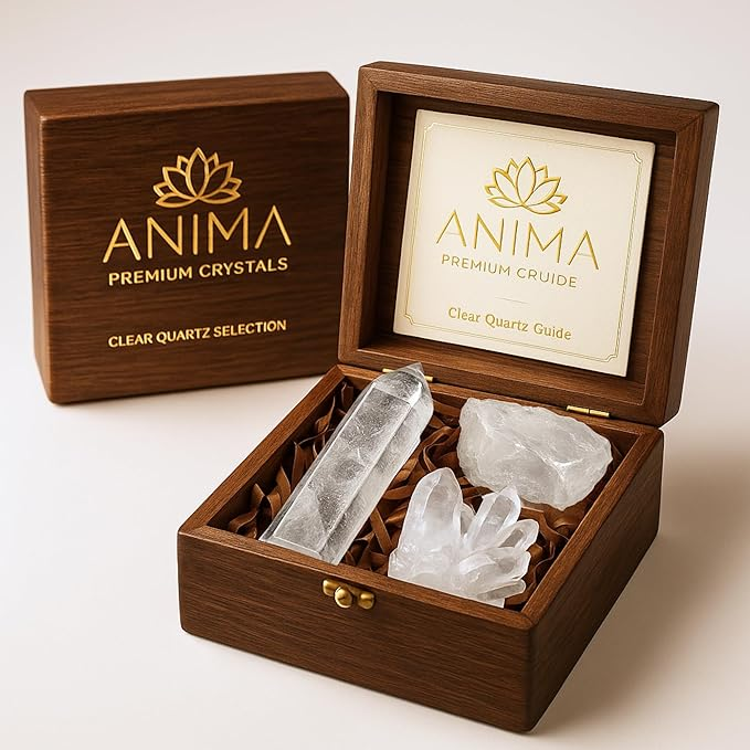 Anima Premium Clear Quartz Crystal Set – Tower, Raw Stone & Cluster in Elegant Wooden Box