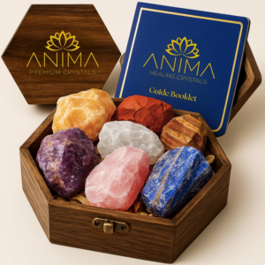 Anima Premium 7 Chakras Crystals and Healing Stones with Guide Booklet – Large Raw Crystals and Stones Set Including Rose Quartz, Amethyst, and Lapis Lazuli in Wooden Box - for Healing and Protection