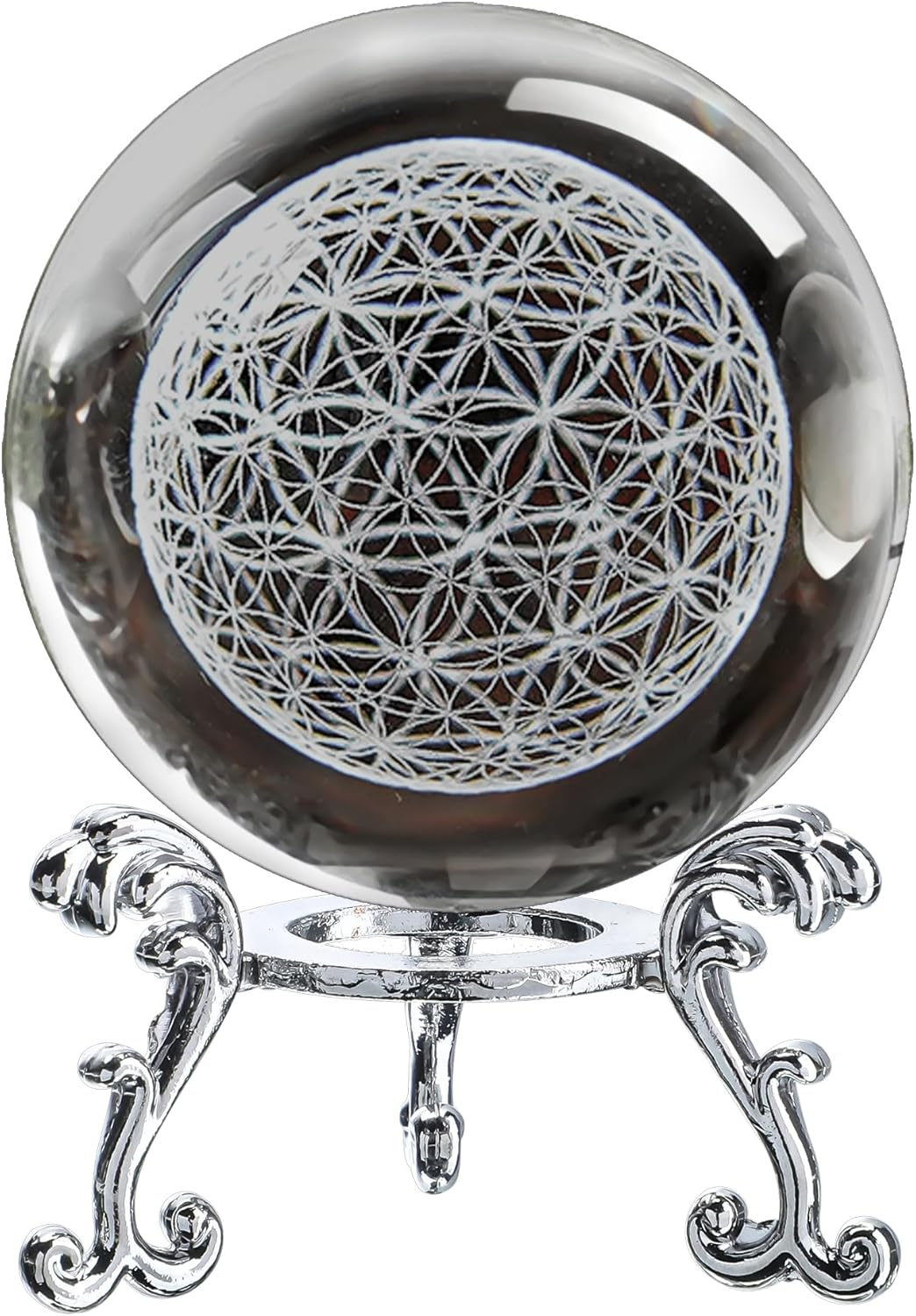 Laser Engraved Flower of Life Crystal Ball Paperweight with Stand