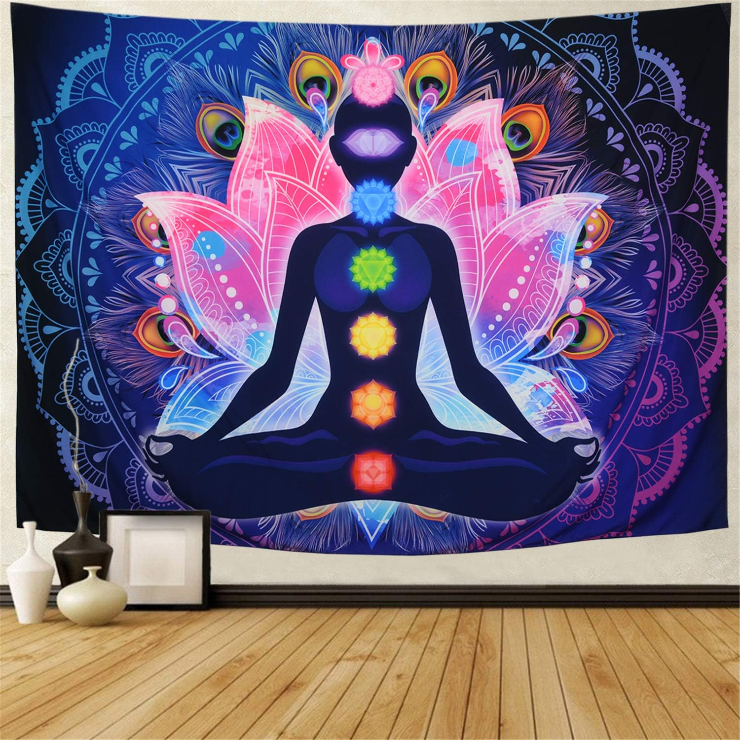Maccyafst Seven Chakra Tapestry Yoga Meditation Wall Tapestry Colorful Mandala Tapestries Indian Hippie Chakra Wall Hanging for Studio Room (H59.1× W78.7)