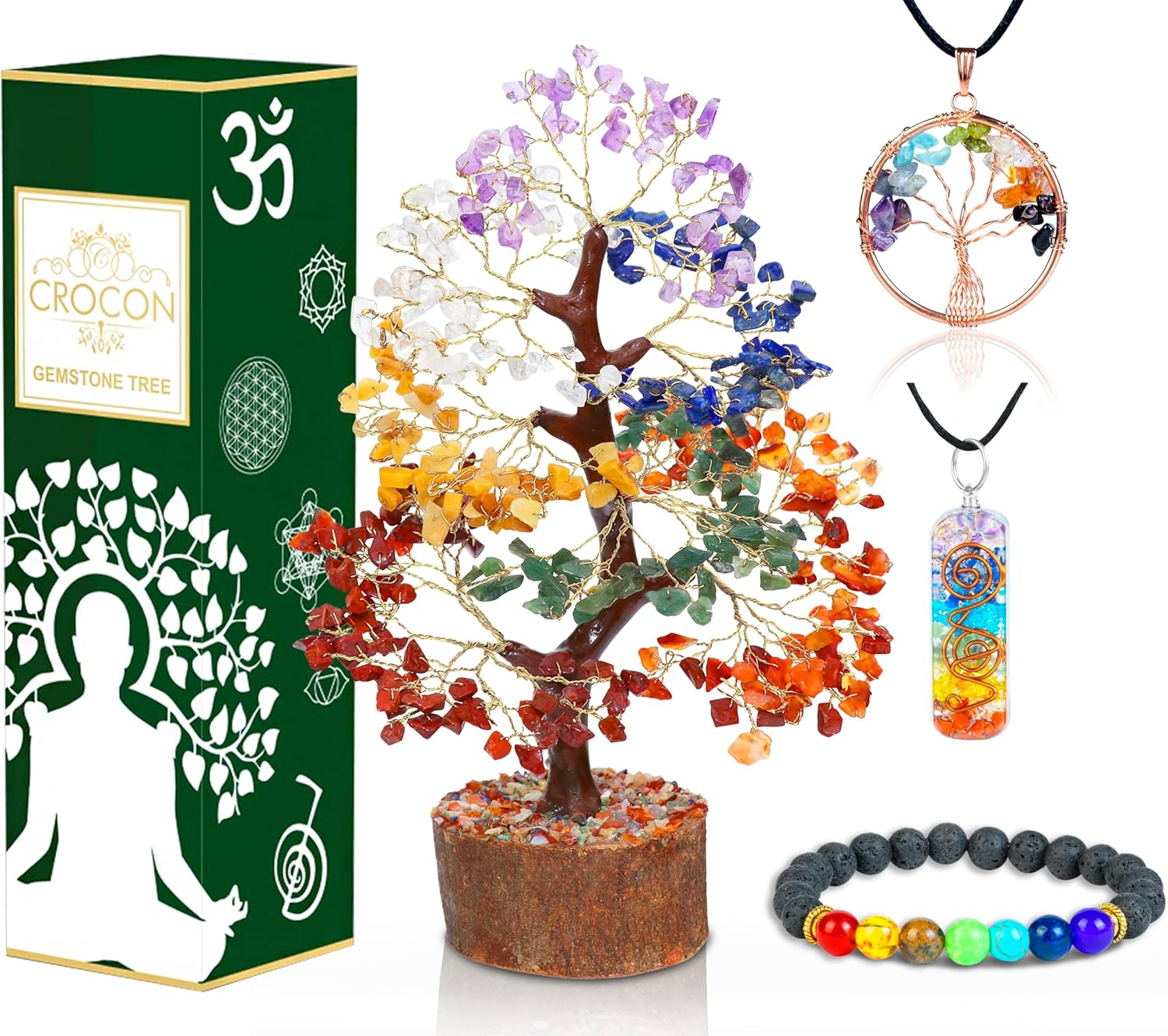 Seven Chakra Crystal Tree of Life with Bracelet & 2 Pendants